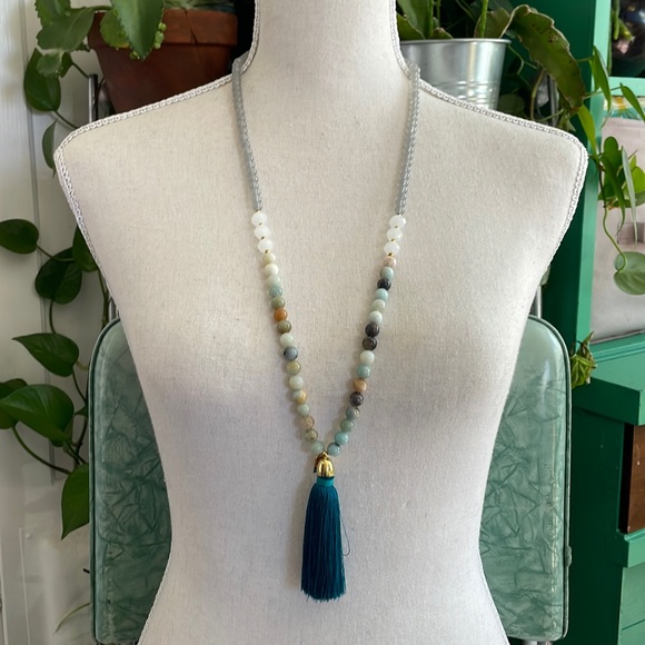 Gemstone and teal tassel statement necklace - Picture 1 of 5